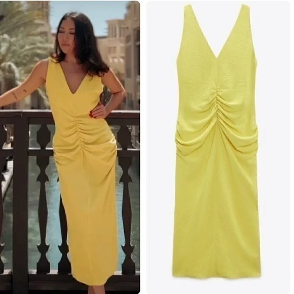 New Zara Center Ruched Detail V-Neck Wide Straps Yellow Midi Dress Medium
